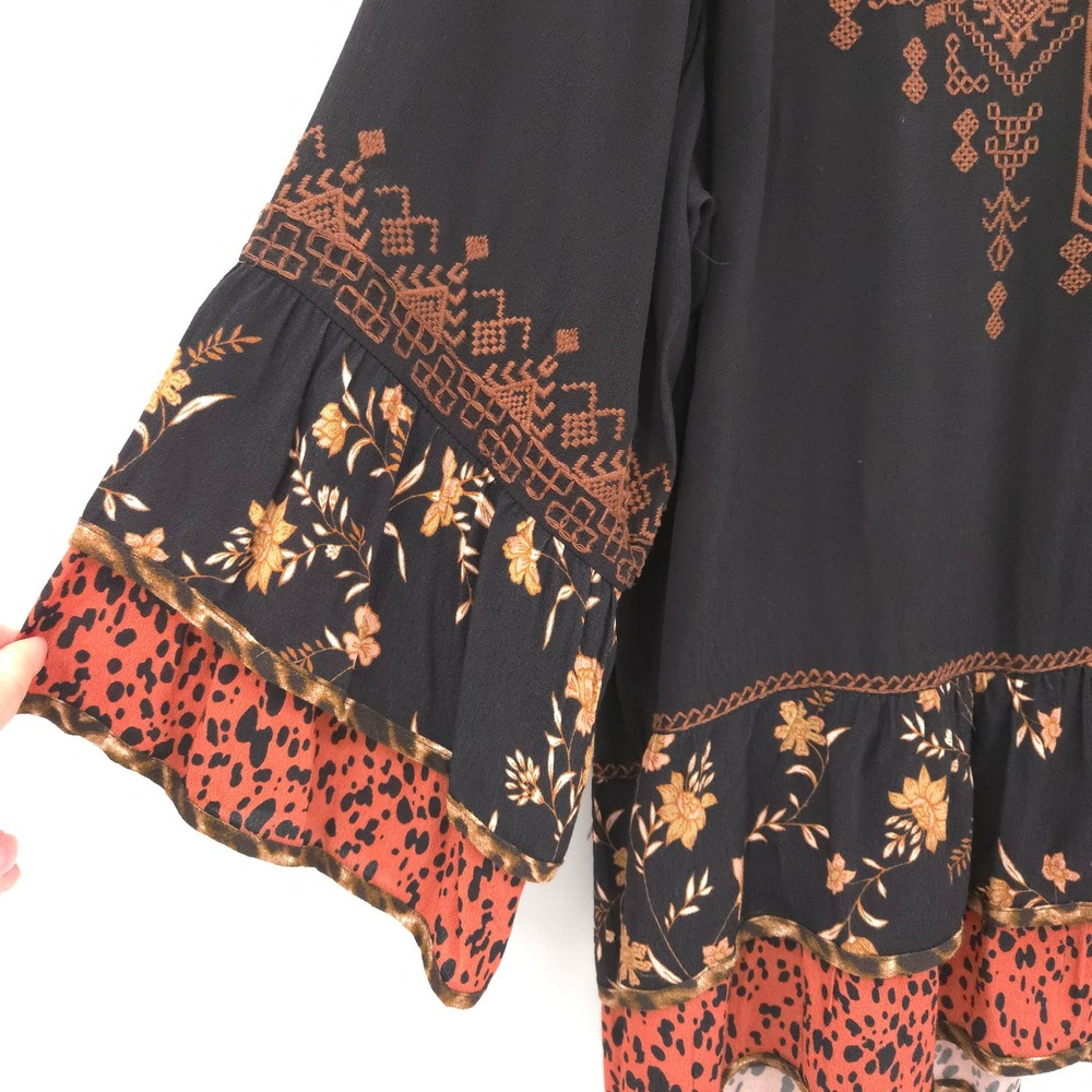 John Mark Embroidered Tunic Blouse Women 2X Black Mixed Print Boho Peasant Top - Picture 4 of 8